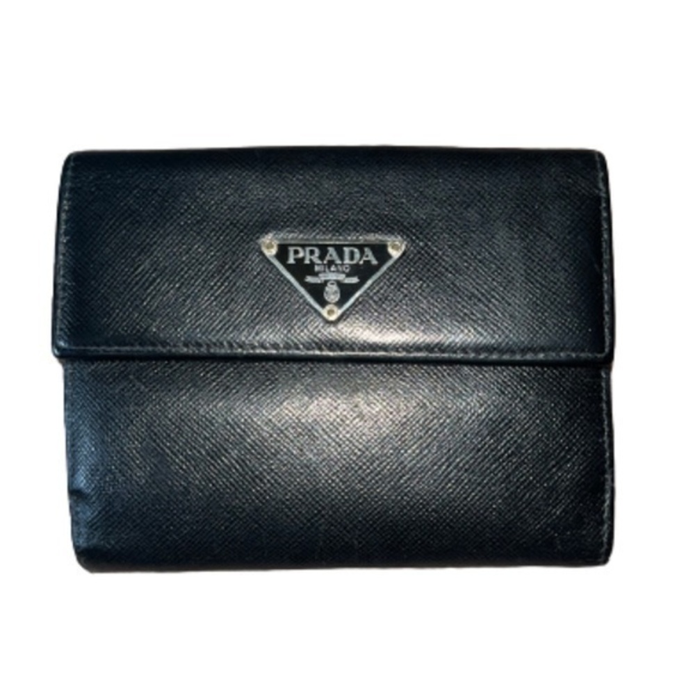 Prada black leather snap wallet